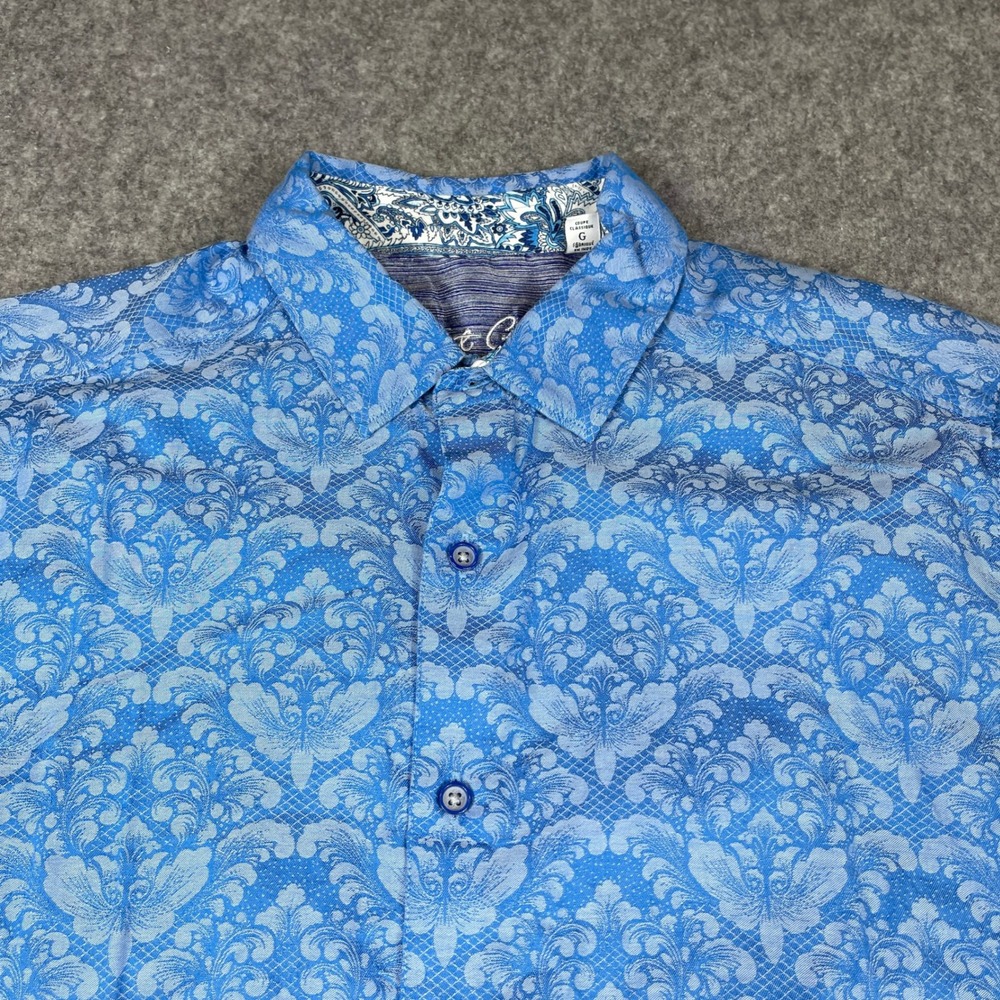Robert Graham Mens Large Blue Damask Jacquard Short Sleeve Button Down Shirt